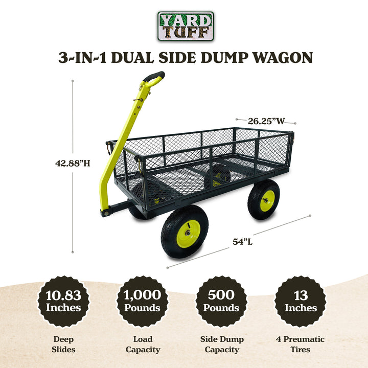 Yard Tuff 3-in-1 Dual Side Dump Wagon with Fold Down Sides and 1000 lb. Capacity