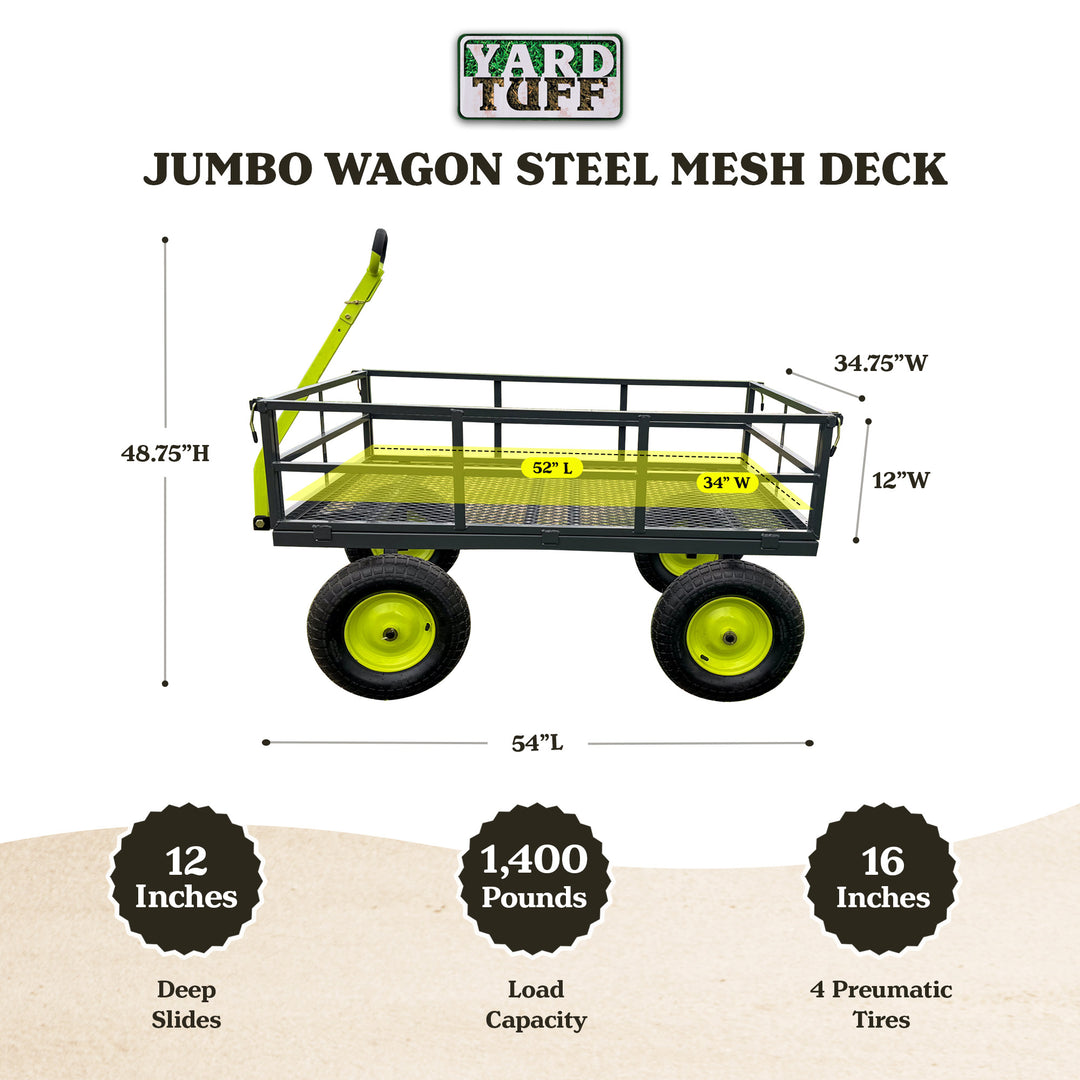 Yard Tuff Jumbo Wagon Steel Mesh Deck Utility Outdoor Yard Cart, 34 x 52 Inch