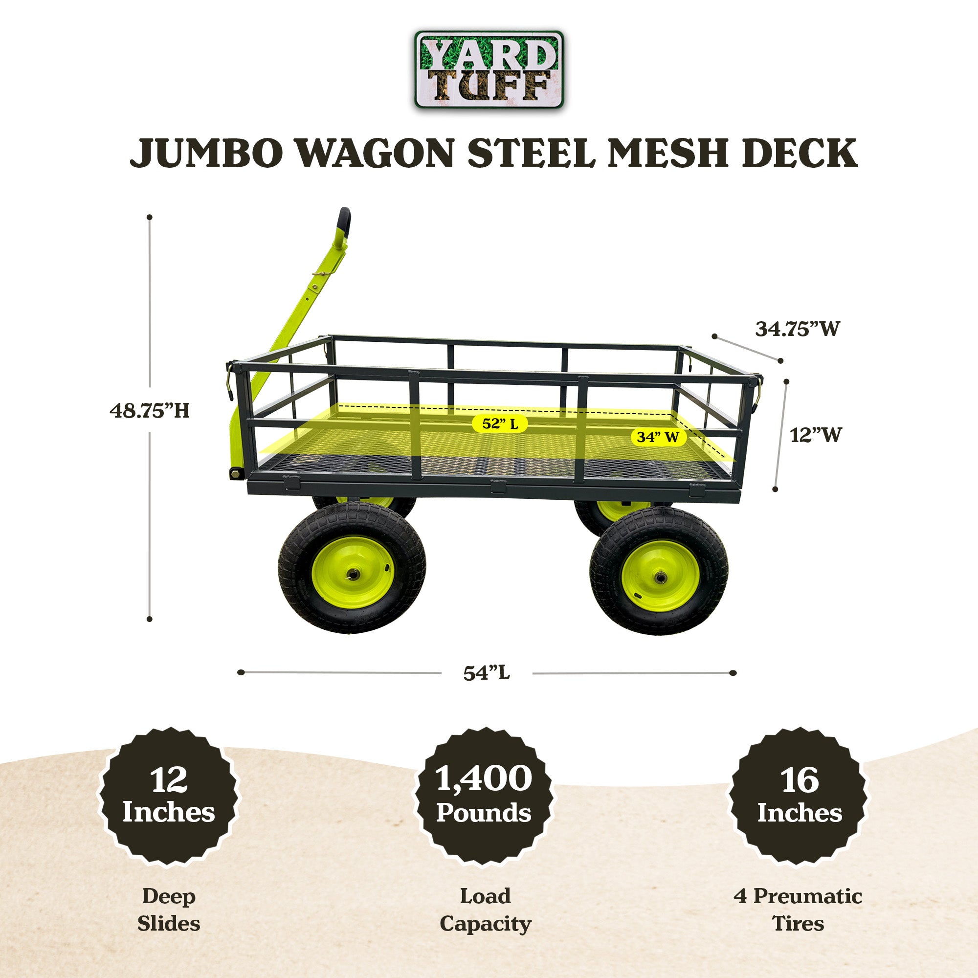Yard Tuff Jumbo Wagon Steel Mesh Deck Utility Outdoor Yard Cart, 34 x 52 Inch - VMInnovations