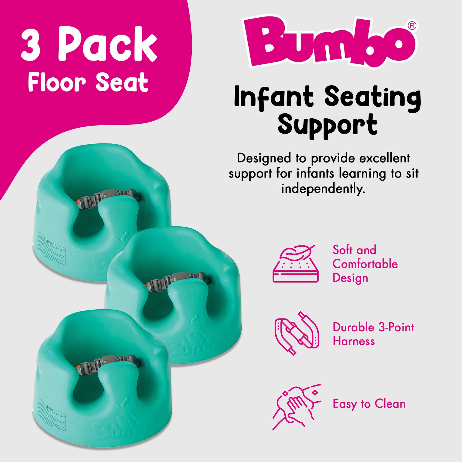 Bumbo Baby Soft Foam Wide Floor Seat w/3 Point Adjustable Harness, 3 Pack, Aqua - VMInnovations