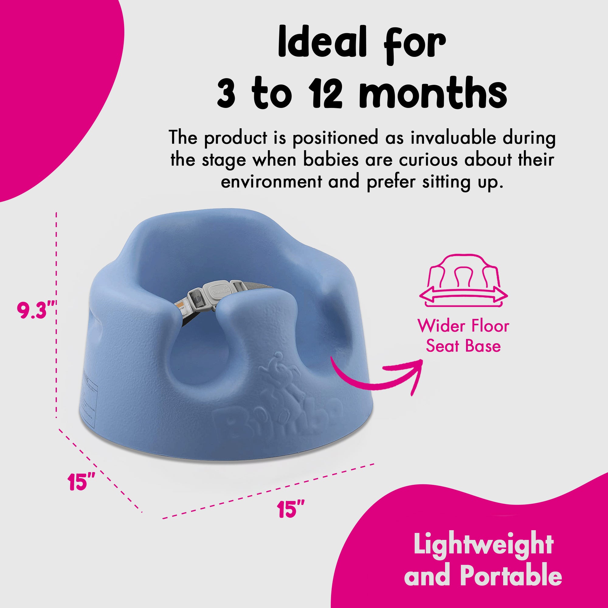 Bumbo Baby Soft Foam Wide Floor Seat w/3 Point Adjustable Harness, 3 Pack, Blue - VMInnovations