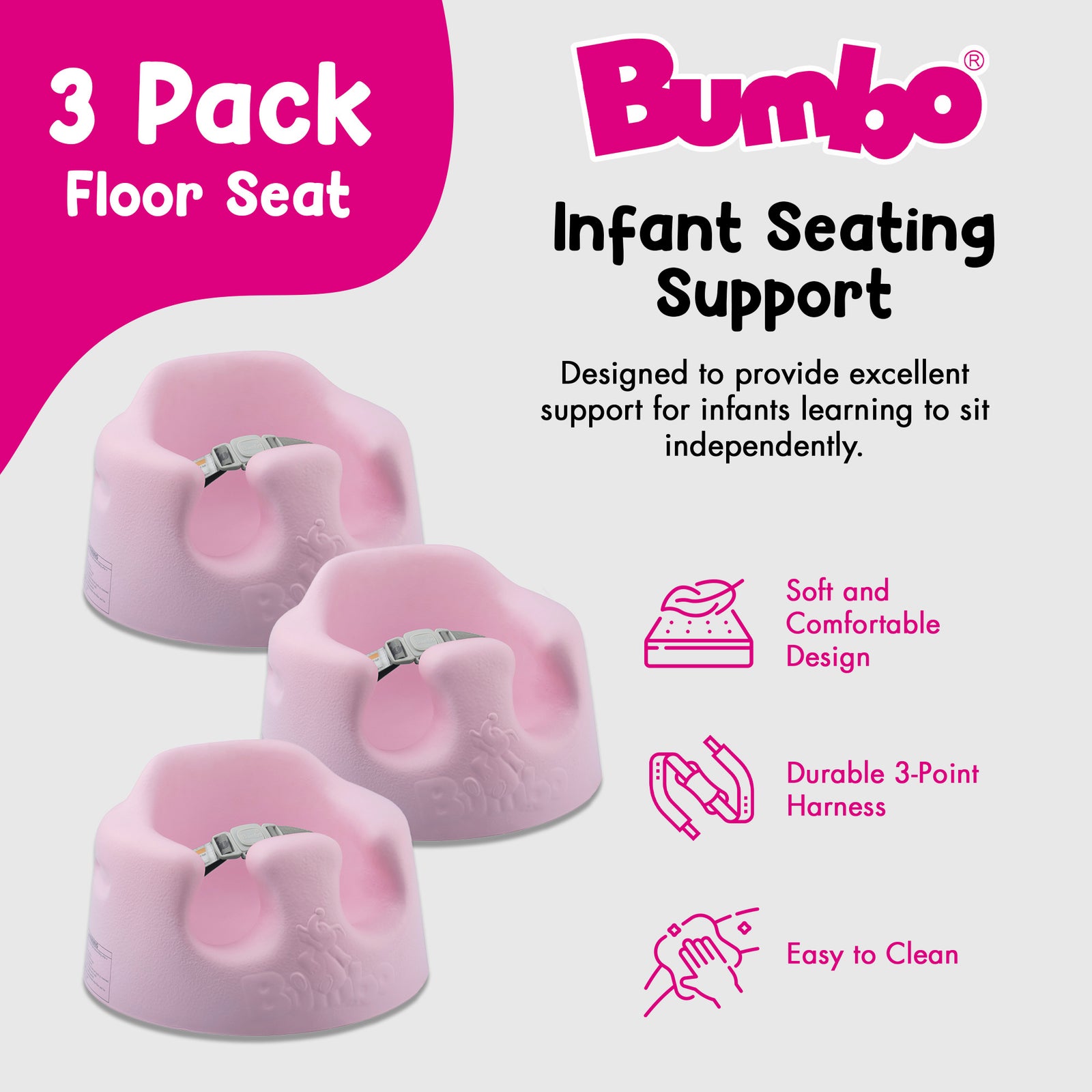 Bumbo Baby Soft Foam Wide Floor Seat w/3 Point Adjustable Harness, 3 Pack, Pink - VMInnovations