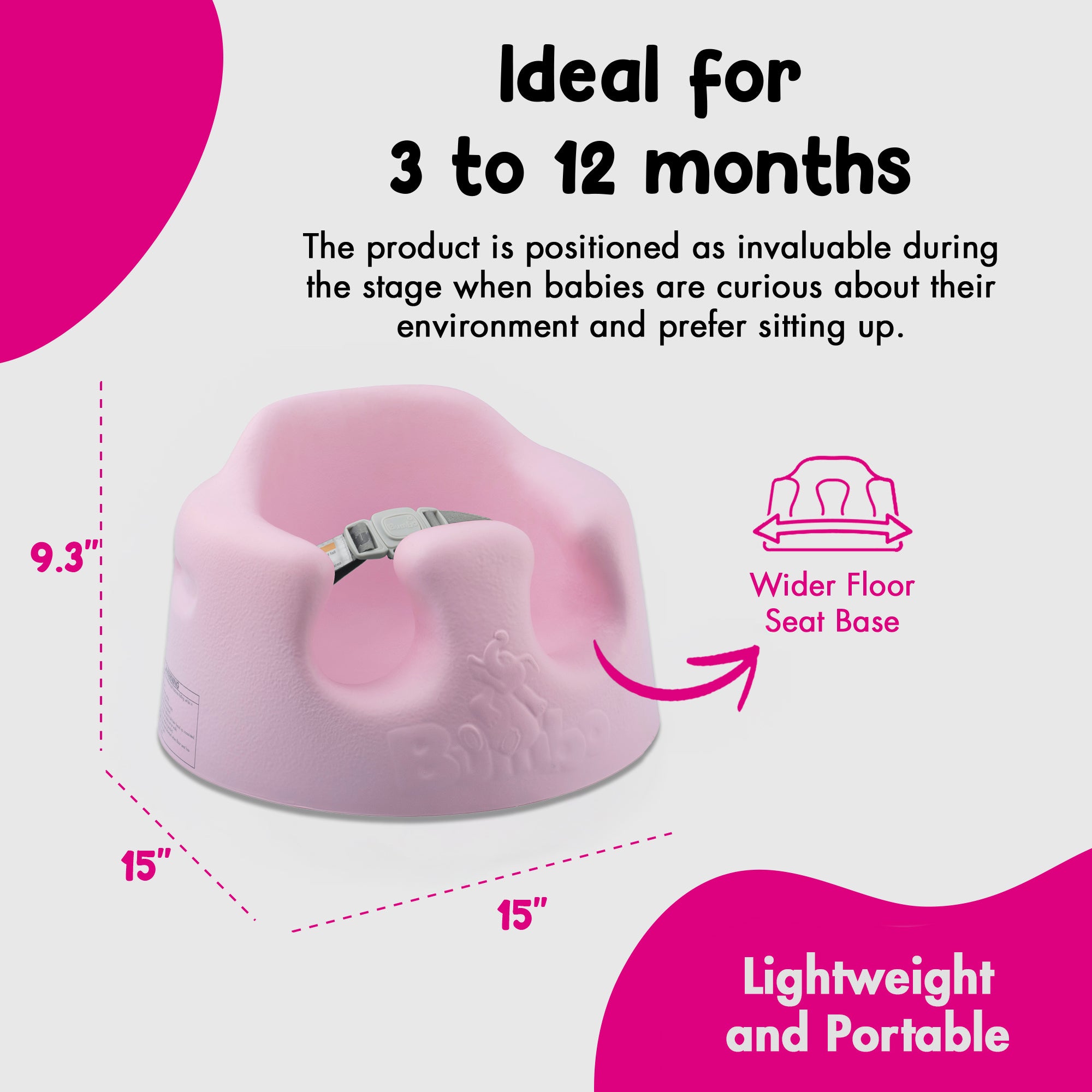 Bumbo Baby Soft Foam Wide Floor Seat w/3 Point Adjustable Harness, 3 Pack, Pink - VMInnovations