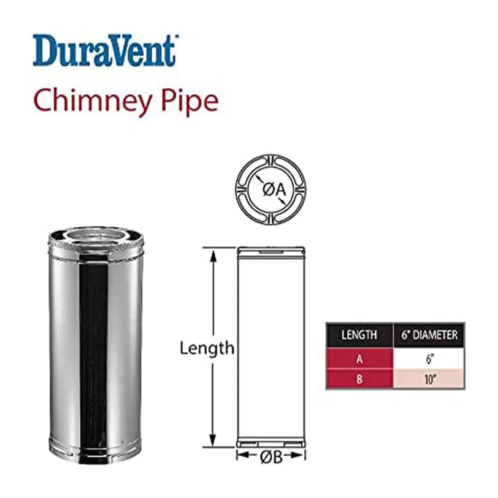 DuraVent DuraPlus Chimney Pipe, Stainless Steel, Double Wall, 6” x 24”(Open Box)