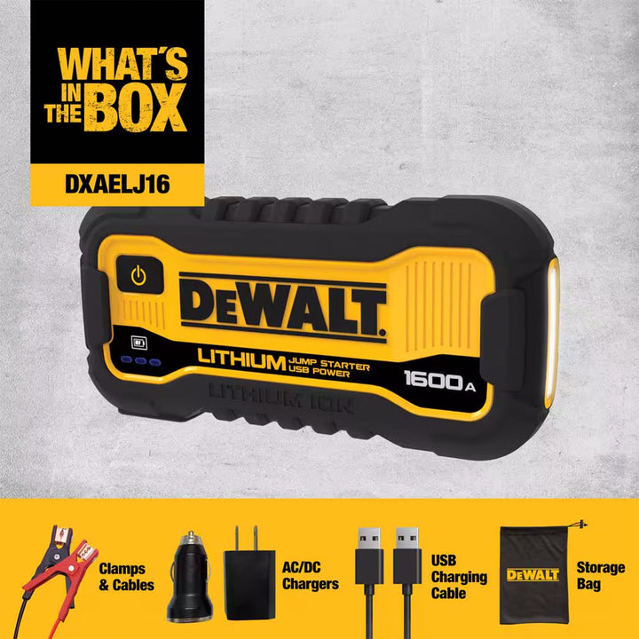 DEWALT 1600 Peak Amp Li-Po Battery Jump Power Starter, Car Charger Set (Used)