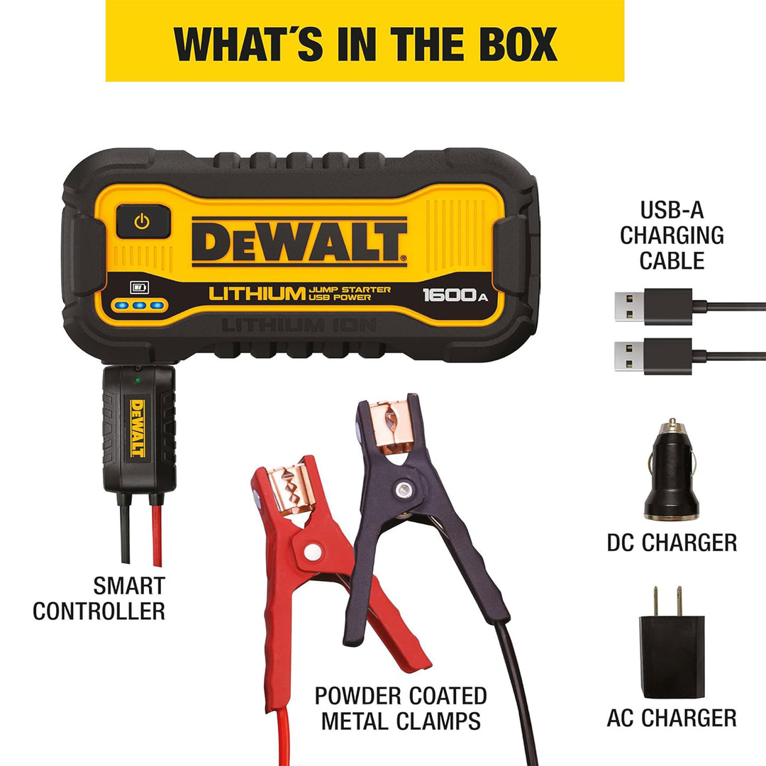 DEWALT 1600 Peak Amp Li-Po Battery Jump Power Starter, Car Charger Set (Used)