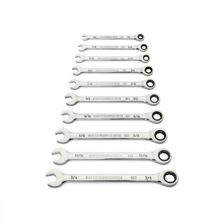 GEARWRENCH 10pc 90 Tooth SAE Ratcheting Wrench Set, 12 Point Box End, (Open Box)