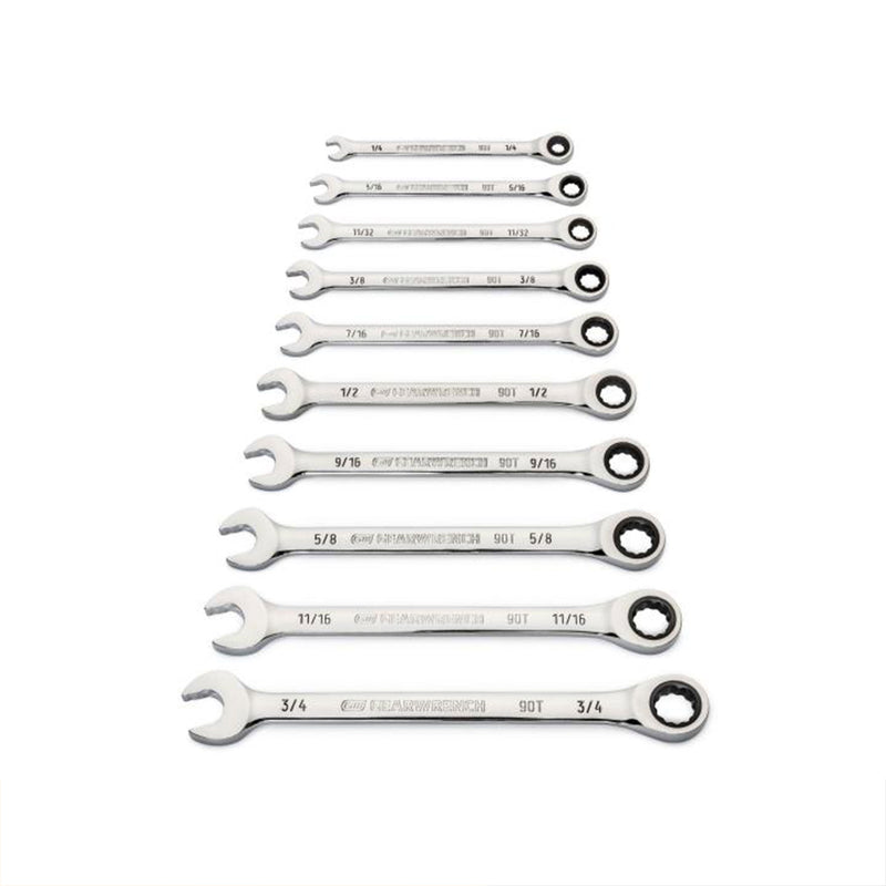 GEARWRENCH 10 Piece 90 Tooth SAE Ratcheting Wrench Set, 12 Point Box End, Chrome