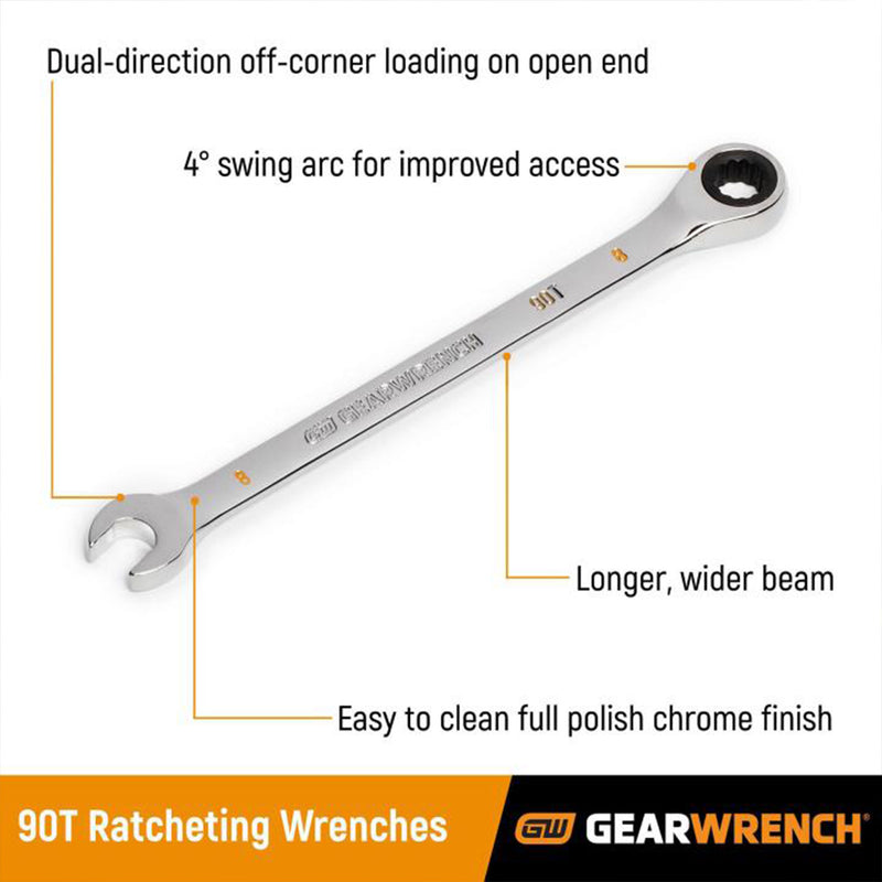 GEARWRENCH 10 Piece 90 Tooth SAE Ratcheting Wrench Set, 12 Point Box End, Chrome