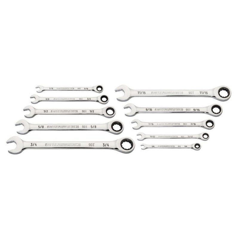 GEARWRENCH 10 Piece 90 Tooth SAE Ratcheting Wrench Set, 12 Point Box End, Chrome