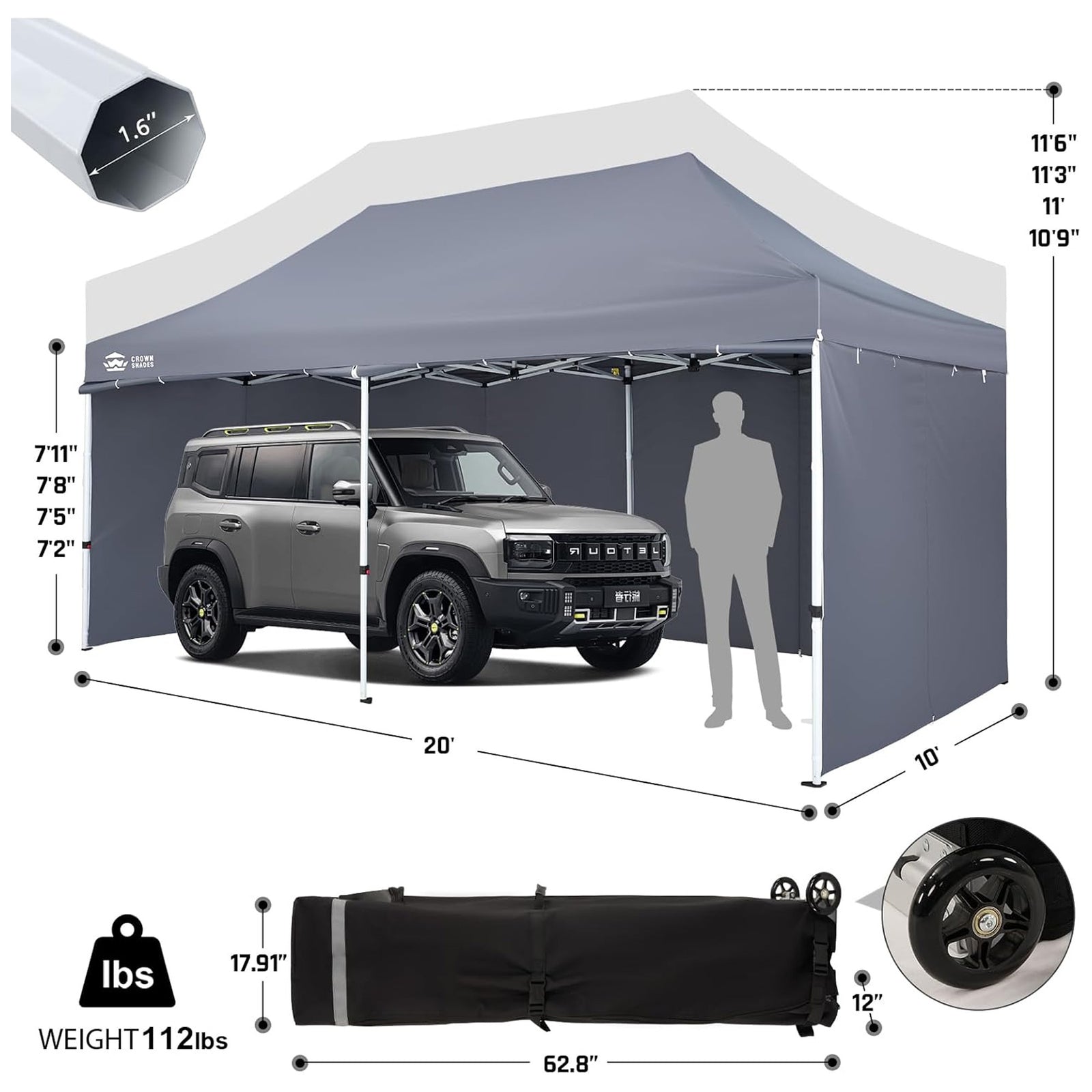 CROWN SHADES 10x20 Pop Up Canopy w/4 Sidewalls, Tent for Events, Grey (Used) - VMInnovations
