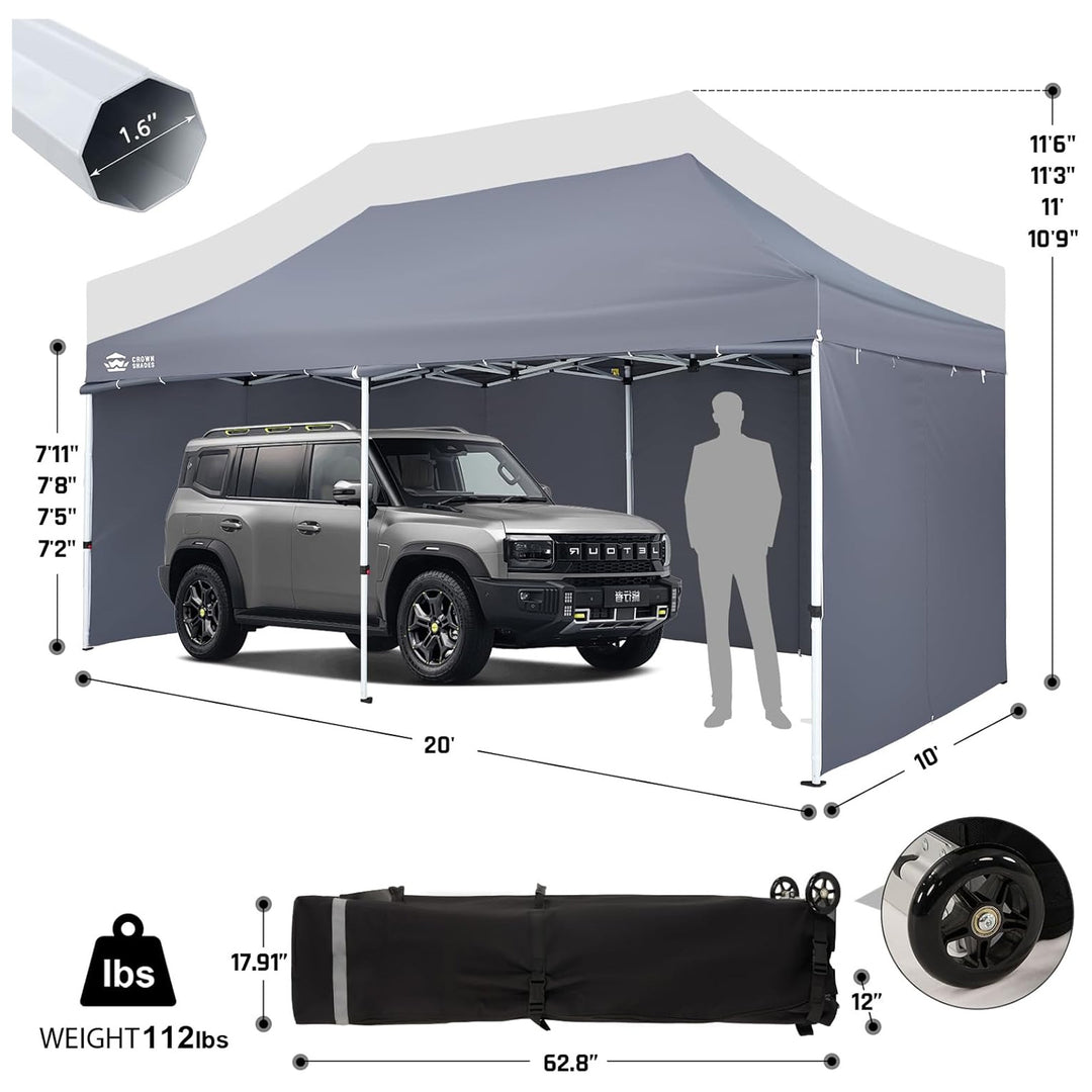 CROWN SHADES 10x20 Pop Up Canopy w/4 Sidewalls, Tent for Events, Grey (Used)