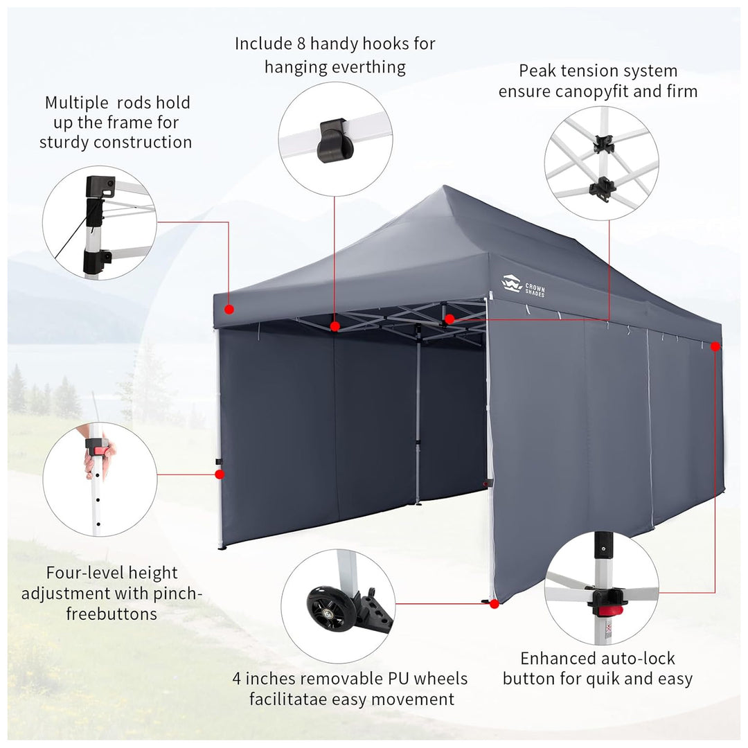 CROWN SHADES 10x20 Pop Up Canopy w/4 Sidewalls, Tent for Events, Grey (Used)