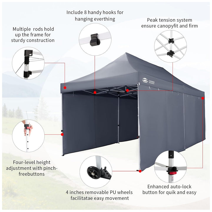 CROWN SHADES 10x20 Pop Up Canopy w/4 Sidewalls, Tent for Events, Grey (Used)