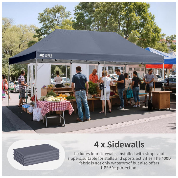 CROWN SHADES 10x20 Pop Up Canopy w/4 Sidewalls, Tent for Events, Grey (Used)