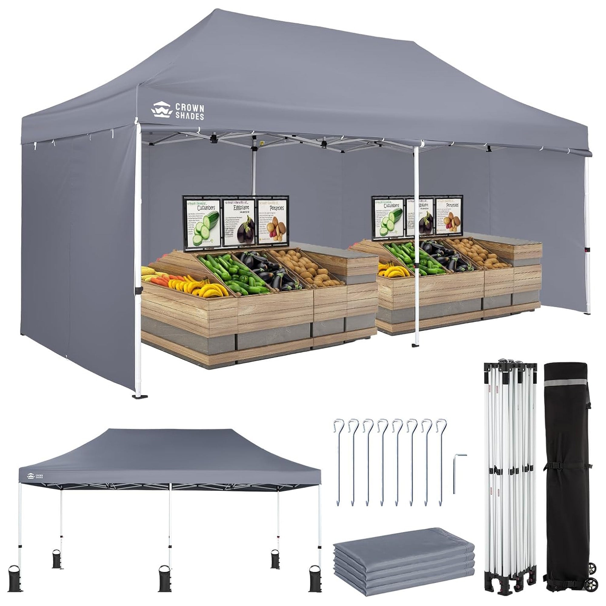CROWN SHADES 10x20 Pop Up Canopy w/4 Sidewalls, Tent for Events, Grey (Used) - VMInnovations