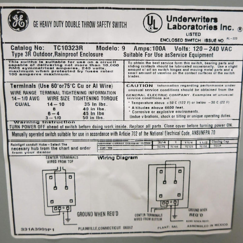 GE Outdoor Double Pole Double Throw Safety Switch, 100 Amp, Manual Disconnect