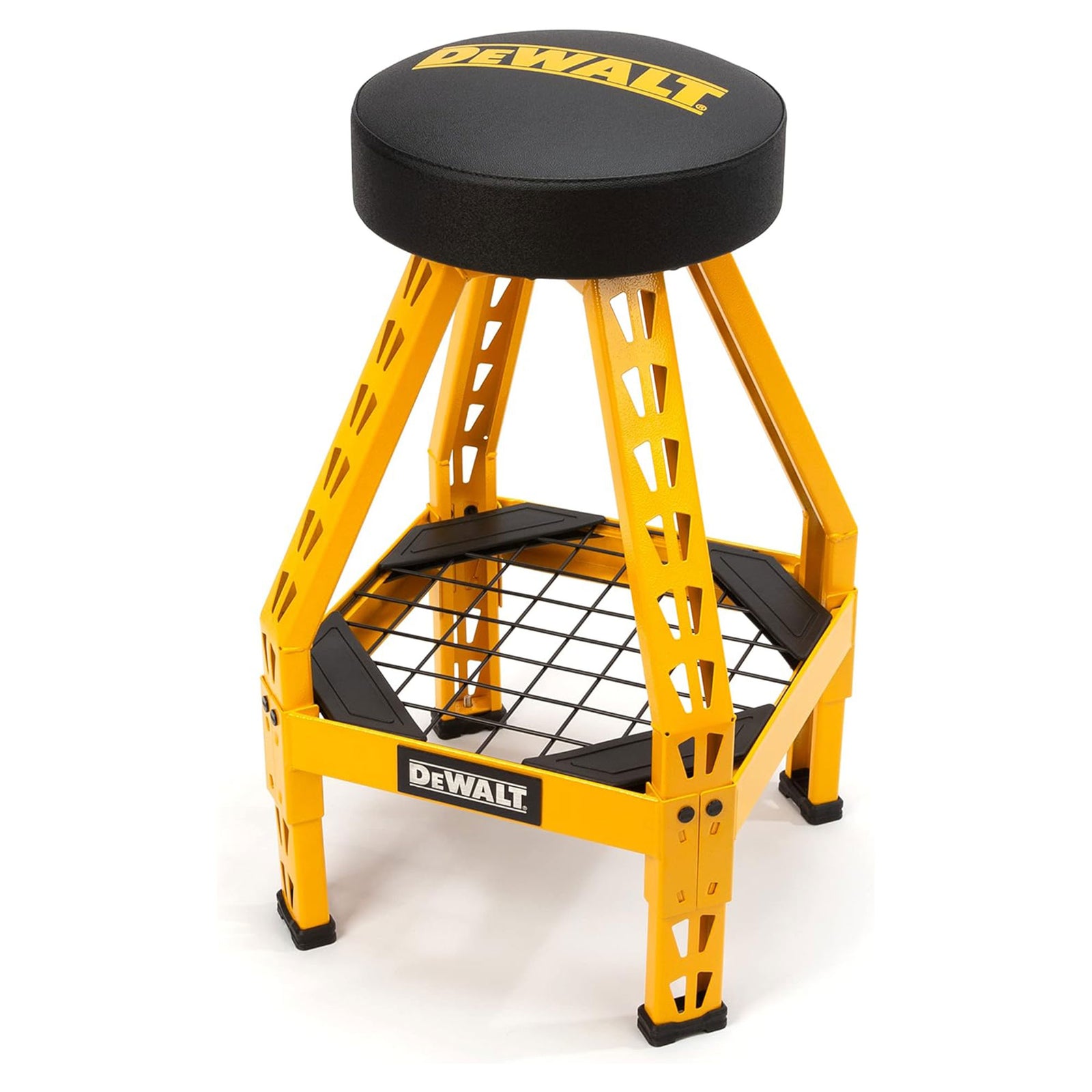 Dewalt Shop Stool 360 Degree Swivel Seat, Tool Shelf, 17.25 x 30 Inches, Black - VMInnovations