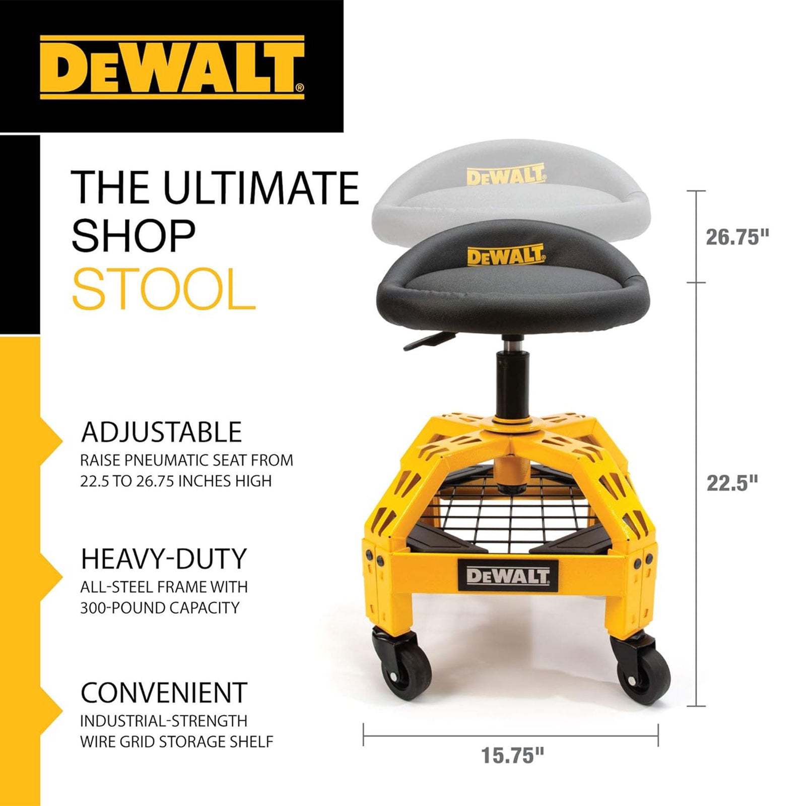 Dewalt Adjustable Shop Stool Heavy-Duty Padded Rolling Chair with Storage Rack - VMInnovations