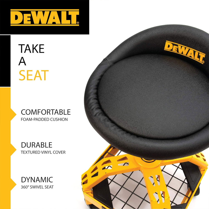 Dewalt Adjustable Shop Stool Heavy-Duty Padded Rolling Chair with Storage Rack