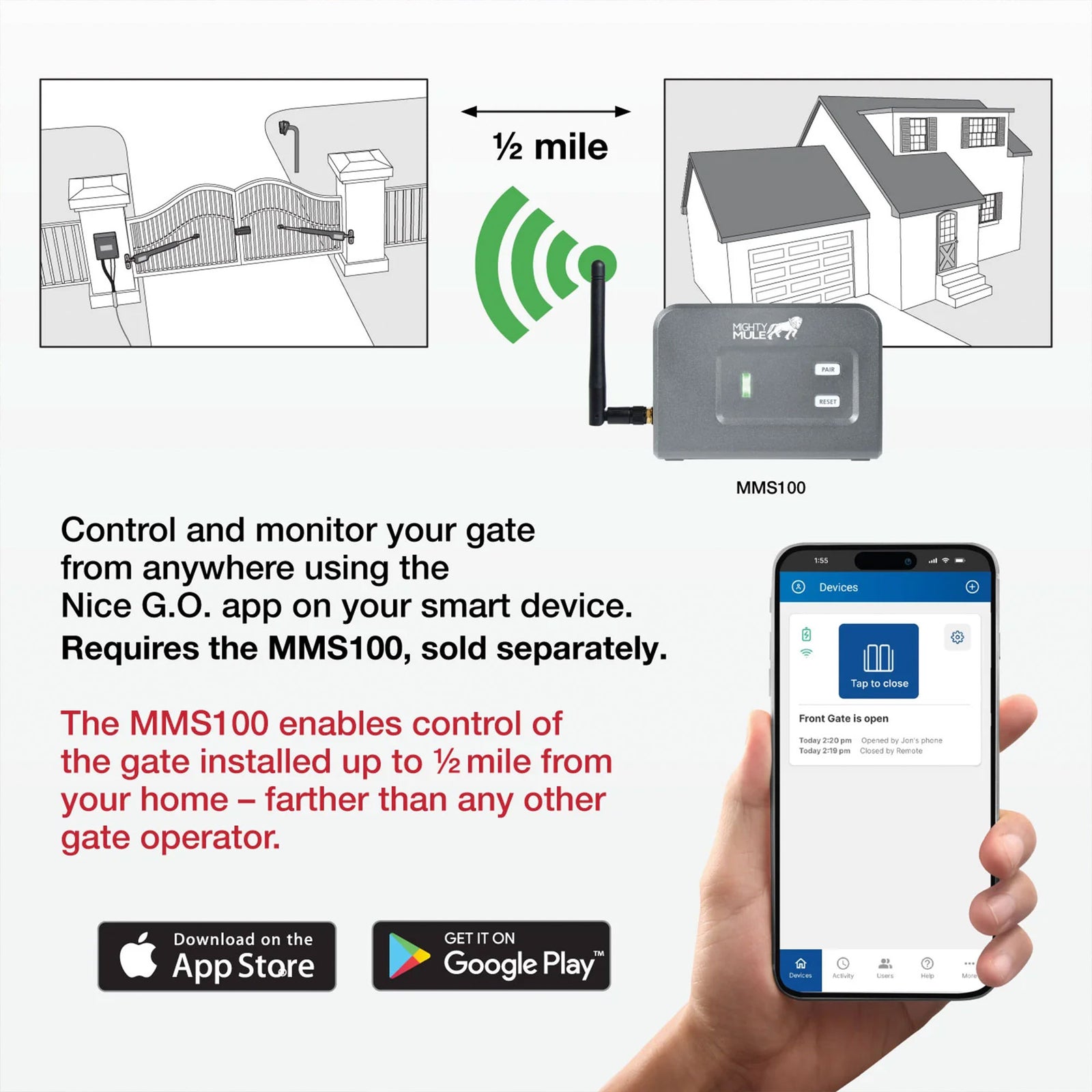 Mighty Mule Smart Gate Opener Remote Control Kit with Wireless Monitoring, Black - VMInnovations