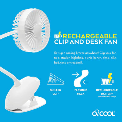 O2COOL Rechargeable Clip Fan, 4 Inch Blade, 3 Speeds, USB Charging Cable, White