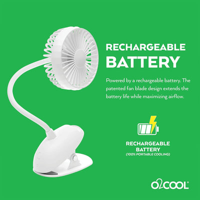 O2COOL Rechargeable Clip Fan, 4 Inch Blade, 3 Speeds, USB Charging Cable, White