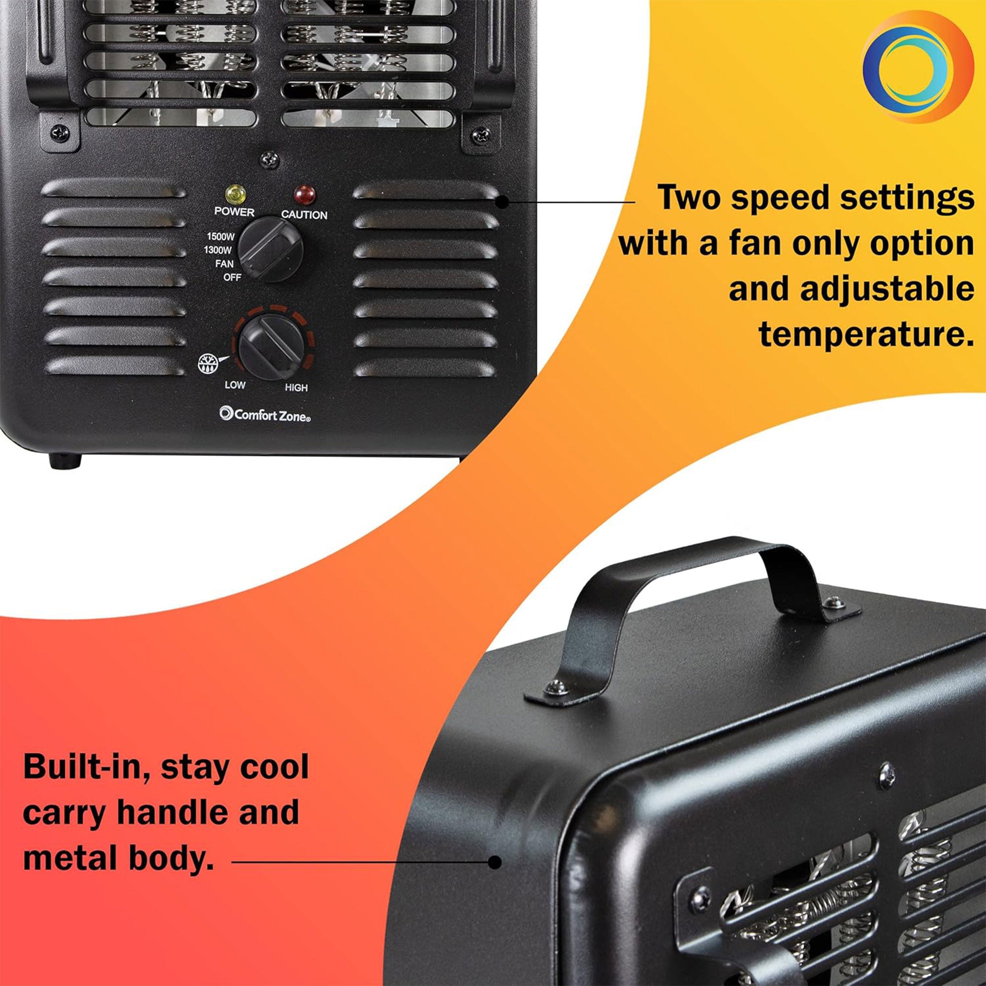 Comfort Zone 2 Pack 1500W Electric 3 Heat Utility Heater w/Thermostat, Black
