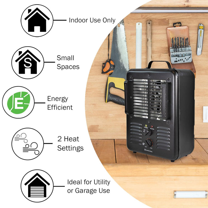 Comfort Zone 1500W Electric 3 Heat Utility Heater w/Adjustable Thermostat, Black - VMInnovations