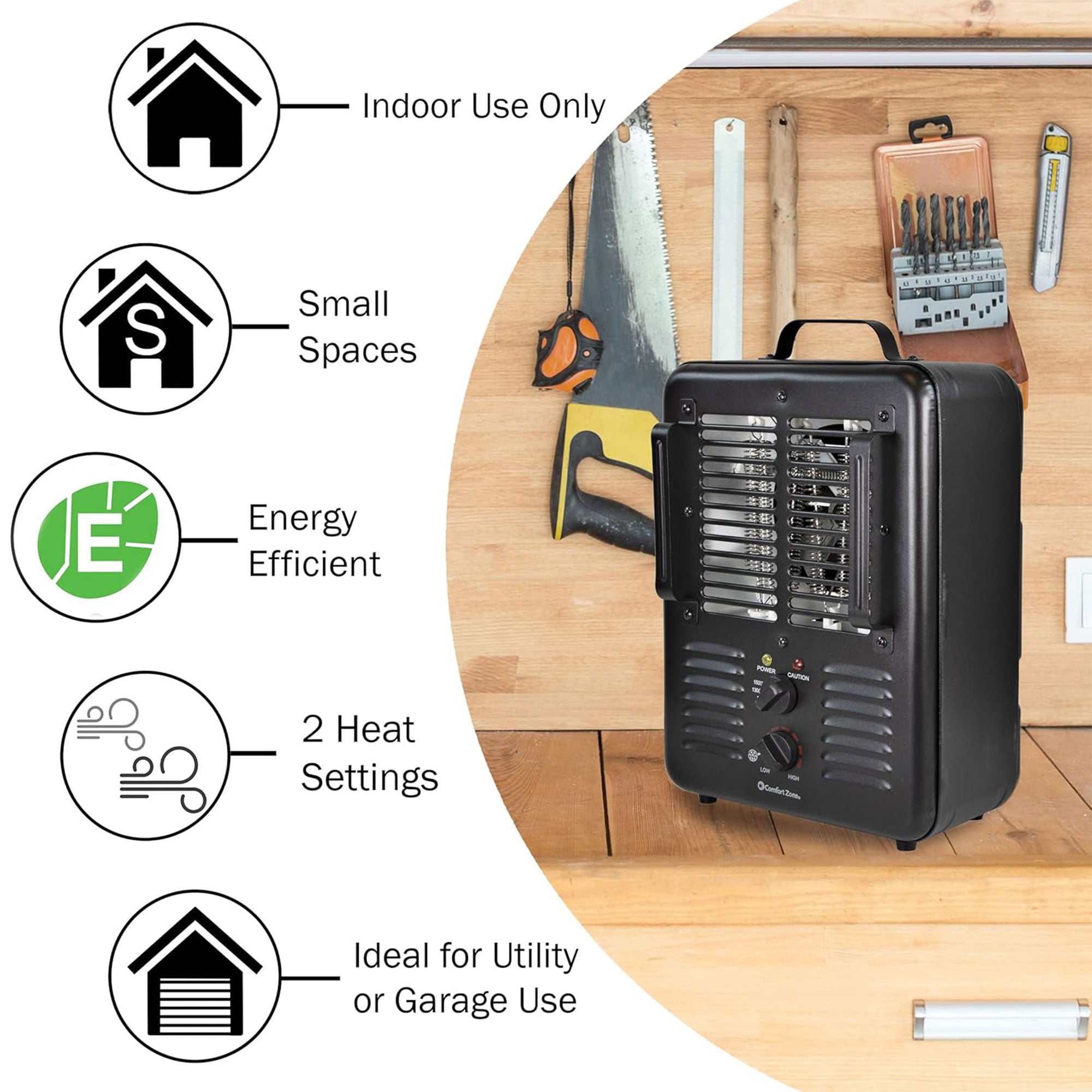 Comfort Zone 2 Pack 1500W Electric 3 Heat Utility Heater w/Thermostat, Black