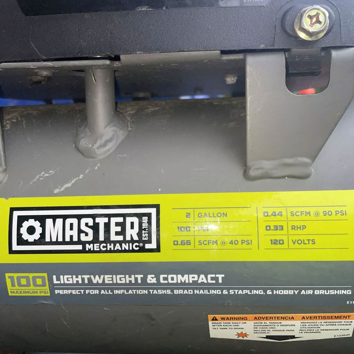 Master Mechanic Portable Air Compressor with Built In Handle, 2 Gal(Open Box) - VMInnovations