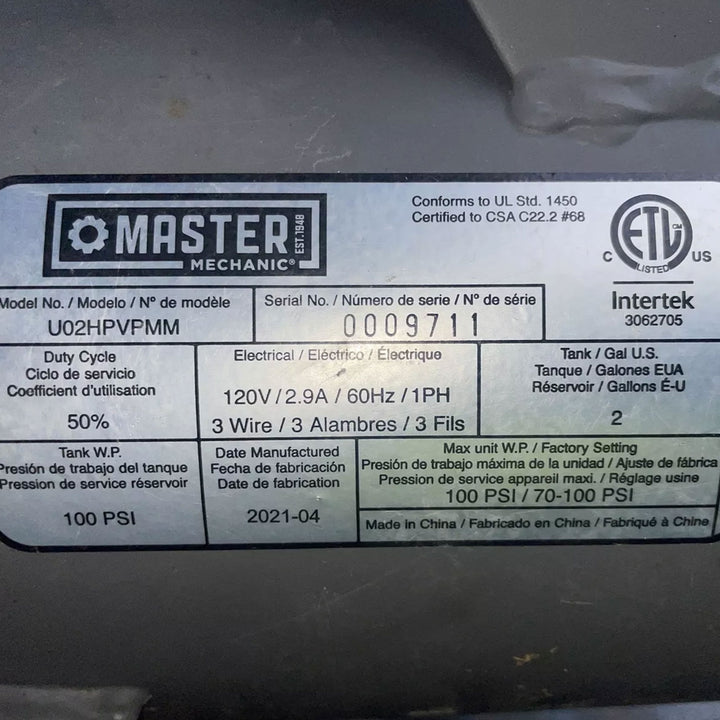 Master Mechanic Portable Air Compressor with Built In Handle, 2 Gal(Open Box) - VMInnovations