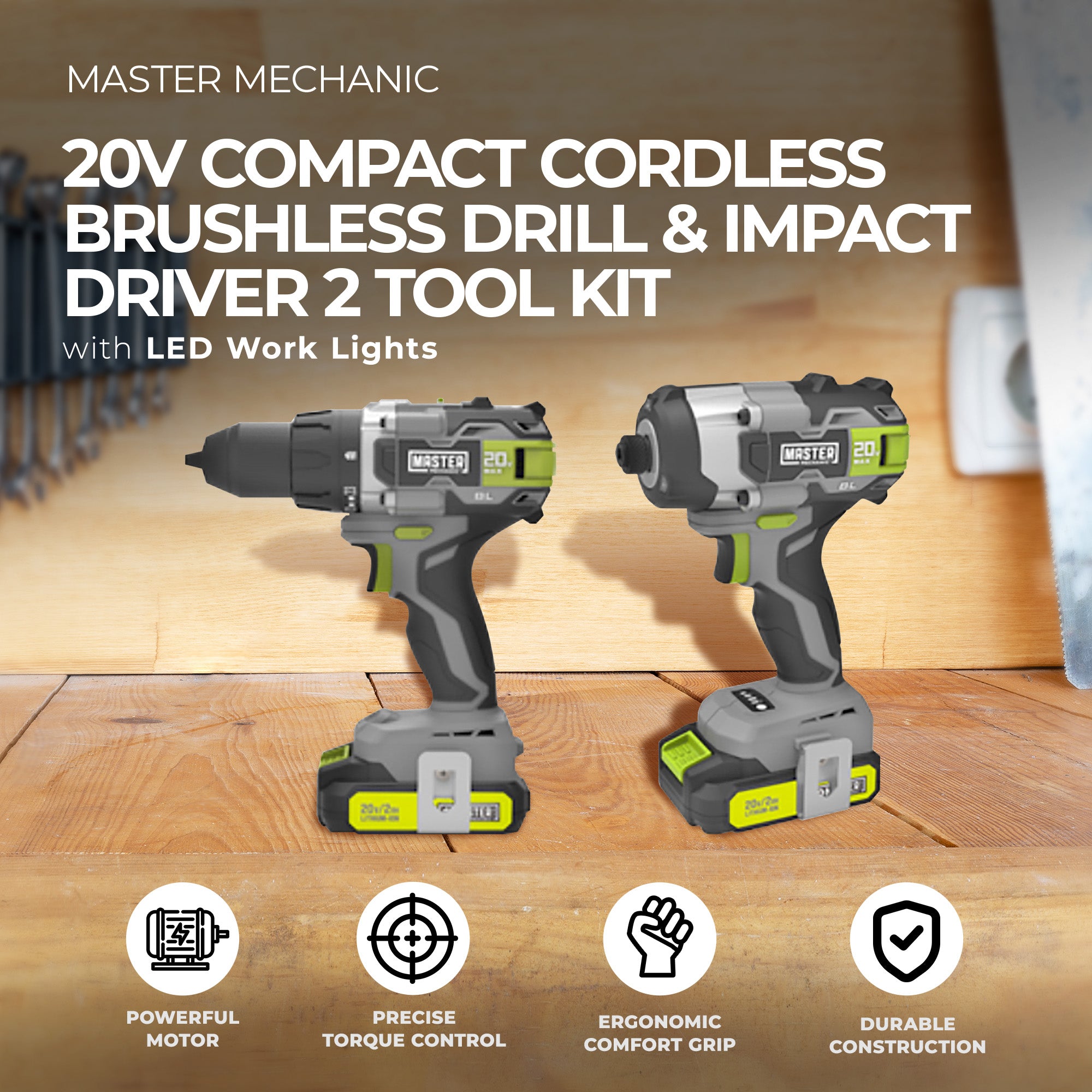 Master Mechanic 20V Compact Cordless Brushless Drill & Impact Driver 2 Tool Kit - VMInnovations
