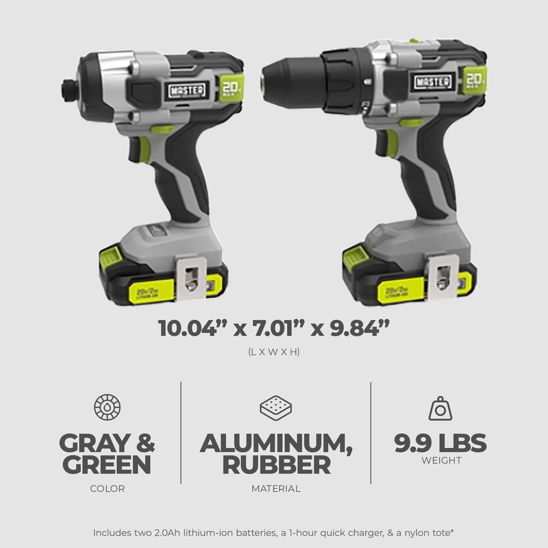 Master Mechanic 20V Compact Cordless 1/2" Drill and Impact Driver Combo Tool Kit