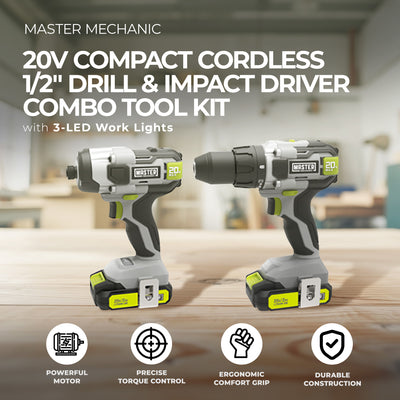 Master Mechanic 20V Compact Cordless 1/2" Drill and Impact Driver Combo Tool Kit - VMInnovations