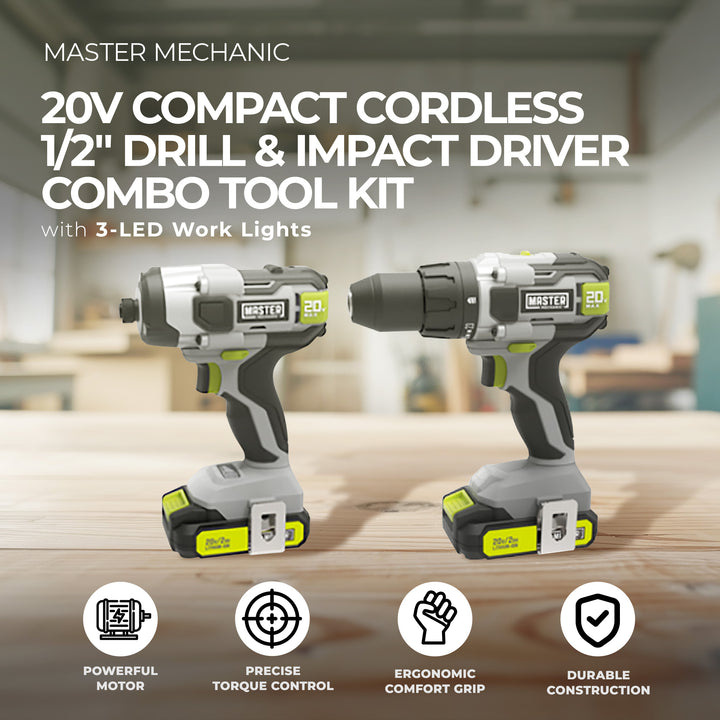 Master Mechanic 20V  Cordless 1/2" Drill & Impact Driver Combo Kit (Open Box) - VMInnovations