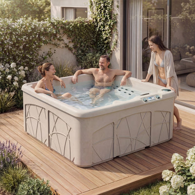 LifeSmart 5 Person Square Hot Tub Spa with Black Cover & Molded Spa Step, Sand