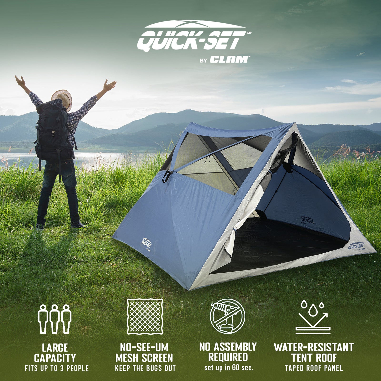 CLAM Quick-Set Apex 8 x 8 Ft Portable Outdoor A-Frame Hiking Camping Tent, Blue - VMInnovations