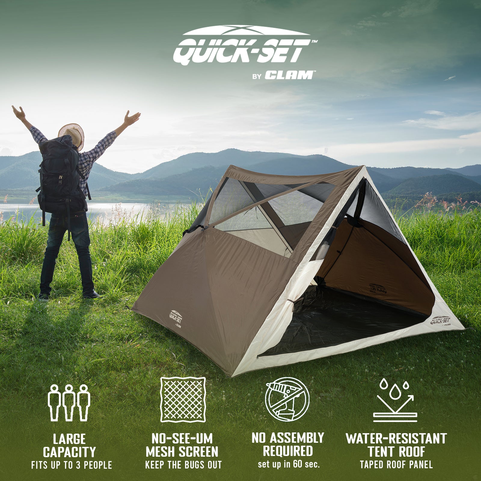 CLAM Quick-Set Apex 8 x 8 Ft Portable Outdoor A-Frame Hiking Camping Tent, Brown - VMInnovations
