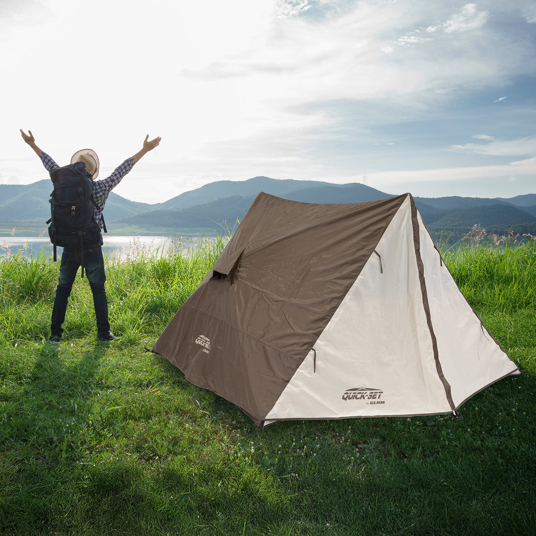 CLAM Quick-Set Apex 8 x 8 Ft Portable Outdoor A-Frame Hiking Camping Tent, Brown