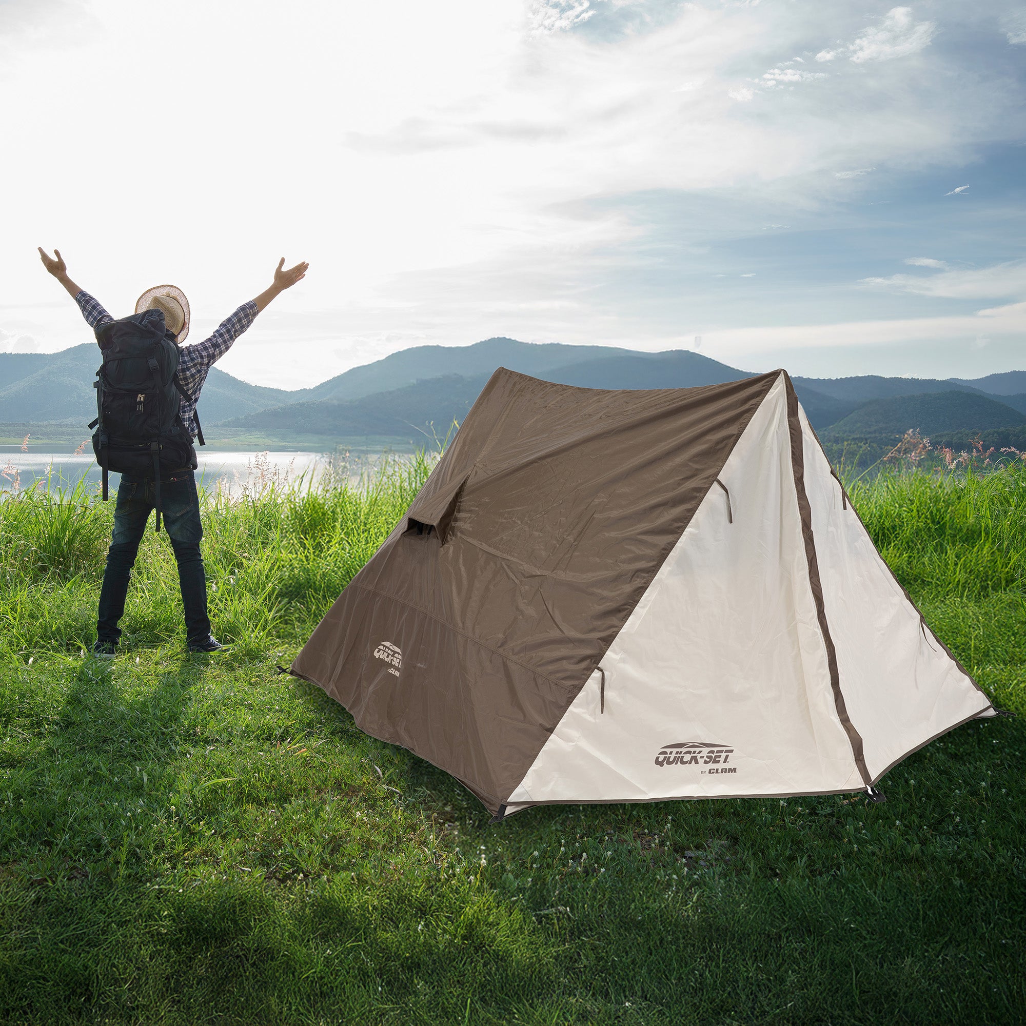 CLAM Quick-Set Apex 8 x 8 Ft Portable Outdoor A-Frame Hiking Camping Tent, Brown - VMInnovations