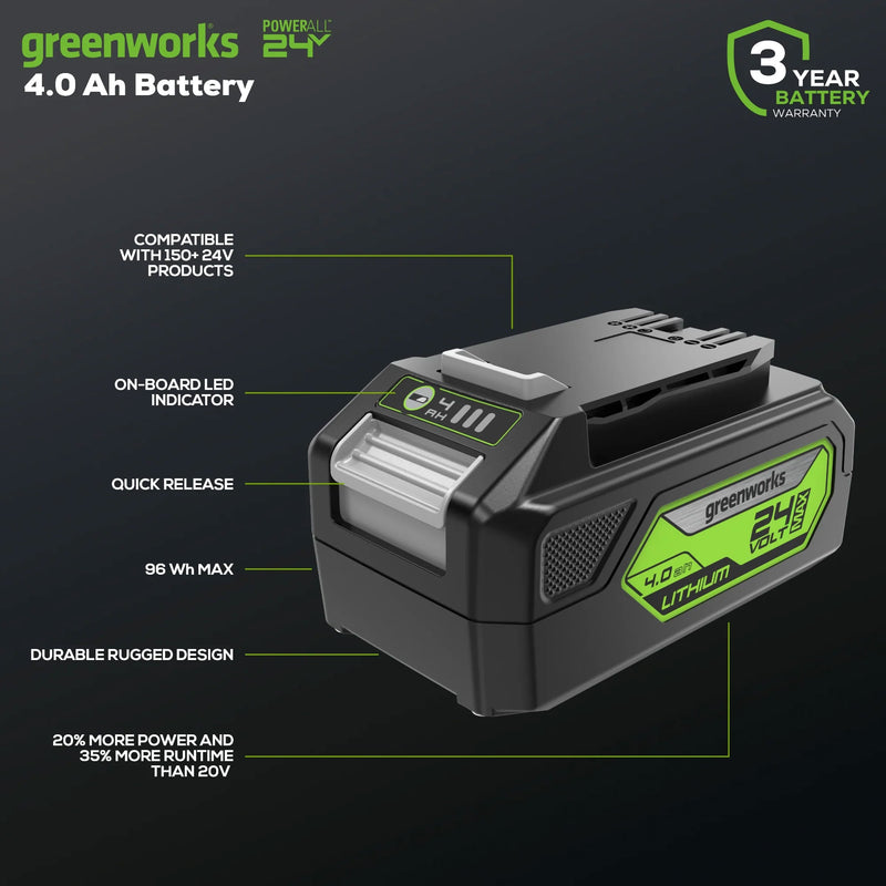 Greenworks 24 Volt Max Lithium Ion Battery, 4 Amp Rechargeable Power Pack, Black