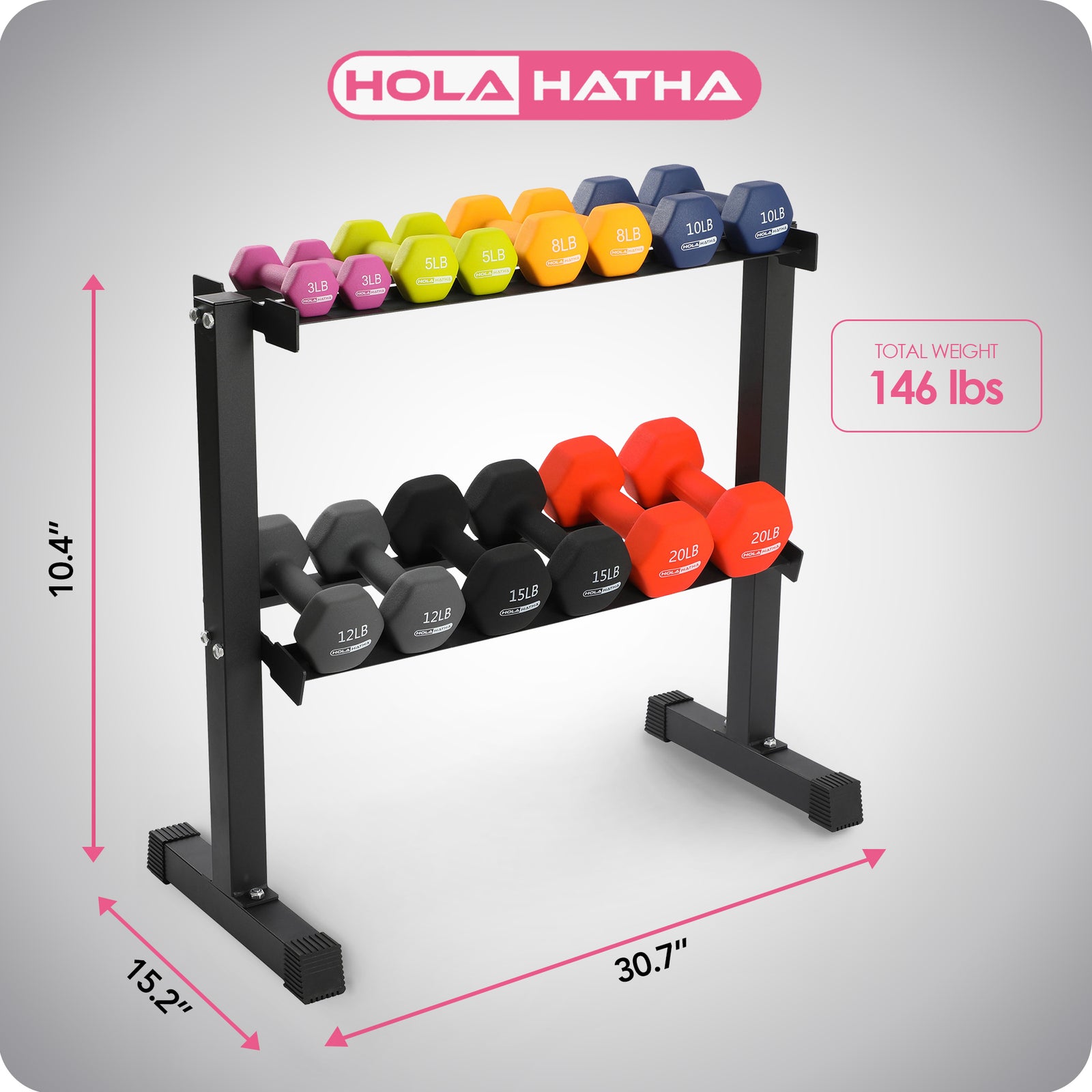 HolaHatha 146 Pound Neoprene Dumbbell Strength Training Weight Set with Rack - VMInnovations
