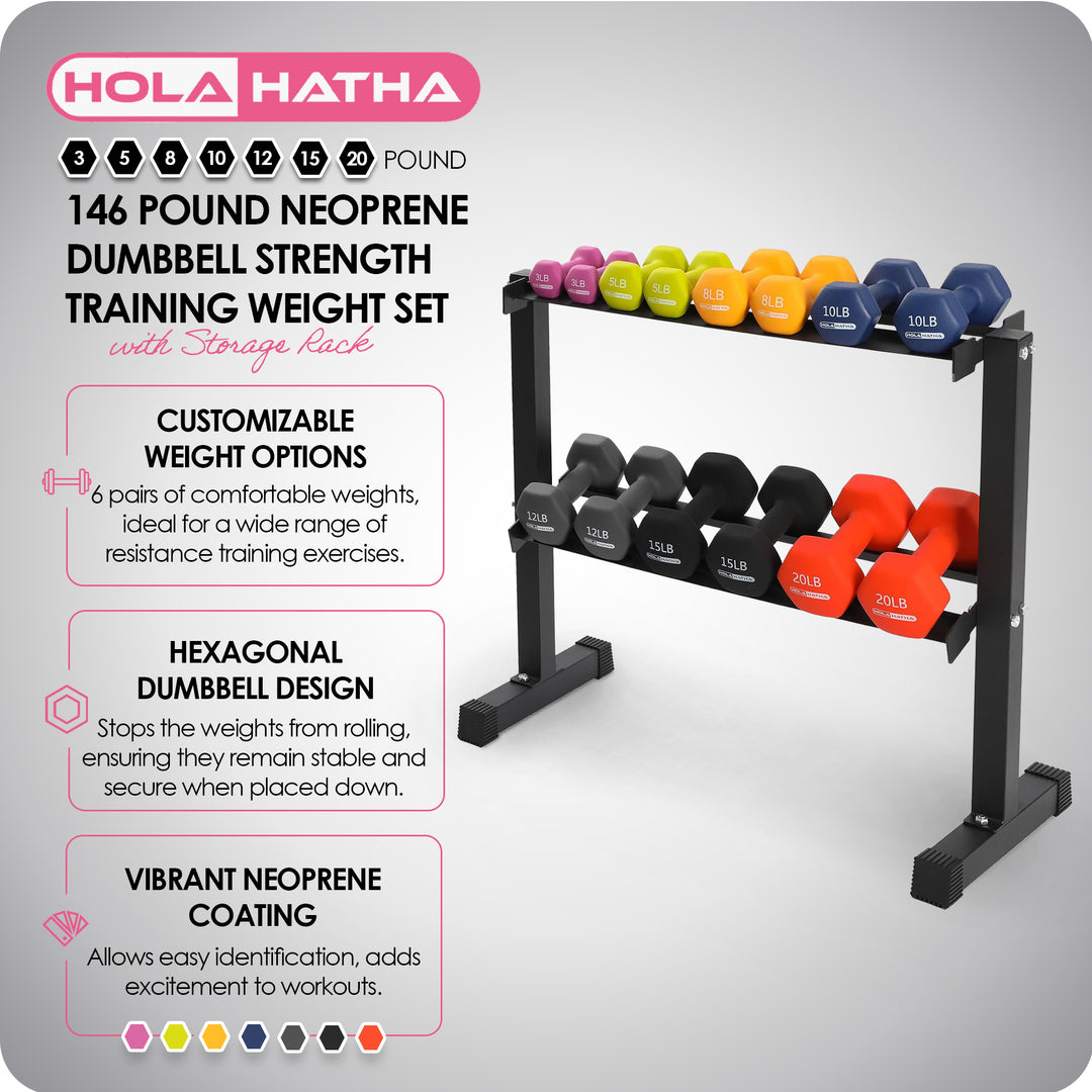 HolaHatha 146 Pound Neoprene Dumbbell Strength Training Weight Set with Rack