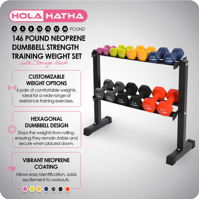 HolaHatha 146 Pound Neoprene Dumbbell Strength Training Weight Set with Rack - VMInnovations
