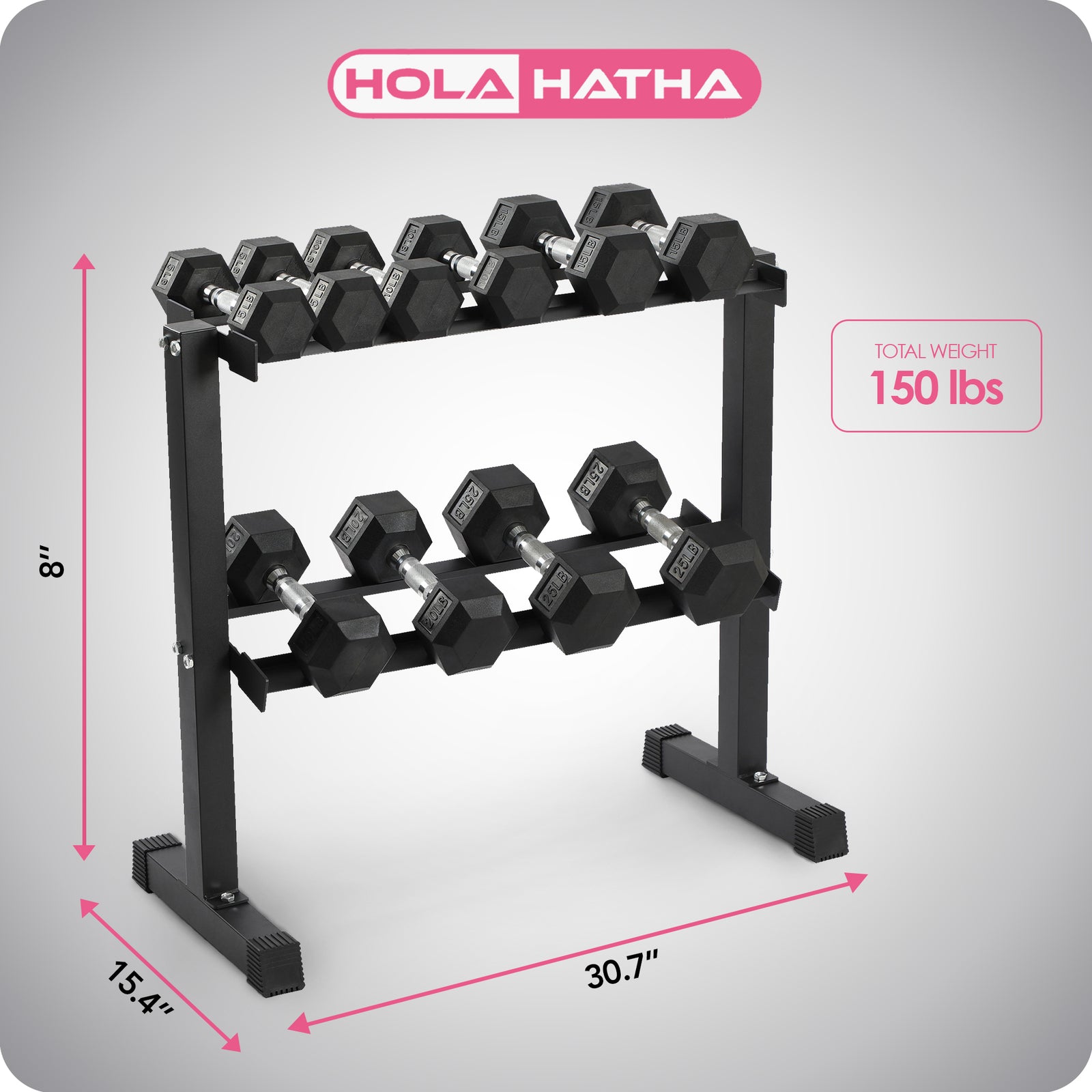 HolaHatha 150 Pound Rubber Encased Dumbbell Strength Training Weight Set w/ Rack - VMInnovations
