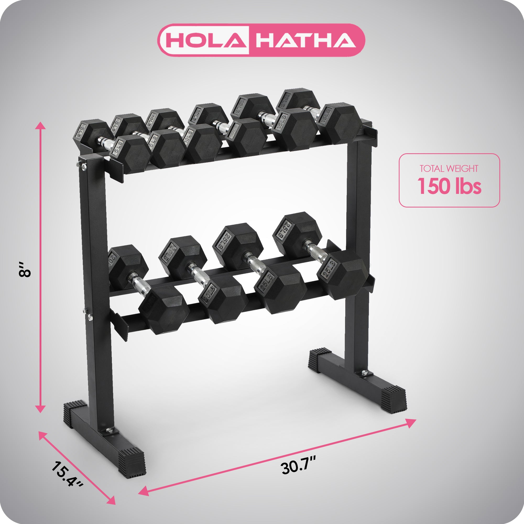 HolaHatha 150 Pound Rubber Encased Dumbbell Strength Training Weight Set w/ Rack - VMInnovations