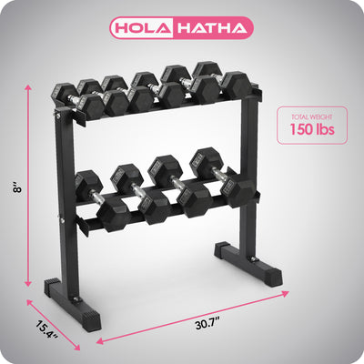 HolaHatha 150 Pound Rubber Encased Dumbbell Strength Training Weight Set w/ Rack - VMInnovations