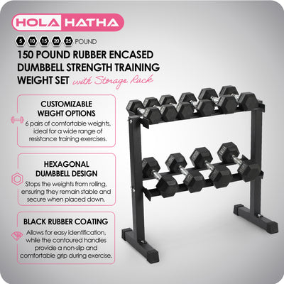 HolaHatha 150 Pound Rubber Encased Dumbbell Strength Training Weight Set w/ Rack - VMInnovations