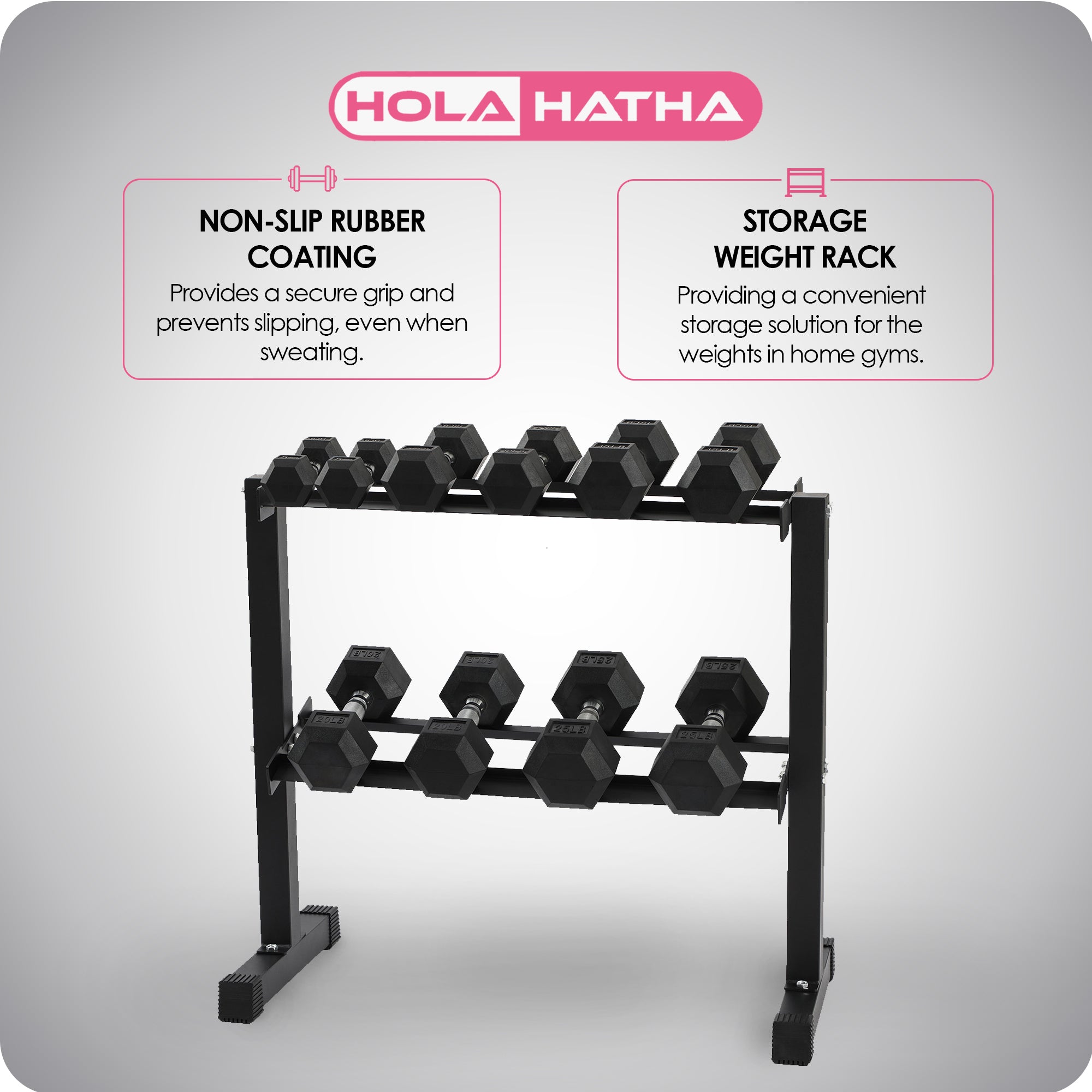 HolaHatha 150 Pound Rubber Encased Dumbbell Strength Training Weight Set w/ Rack - VMInnovations